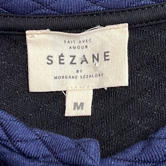 Sezane Quilted Long Line Jacket Navy with Black Leather Trim Size Medium - Picture 12 of 15